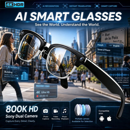 2026 New AI Smart Glasses AI Translation 8MP HD Camera 4K Shooting Bluetooth Call Recording Music Smart Sunglasses For Men Women