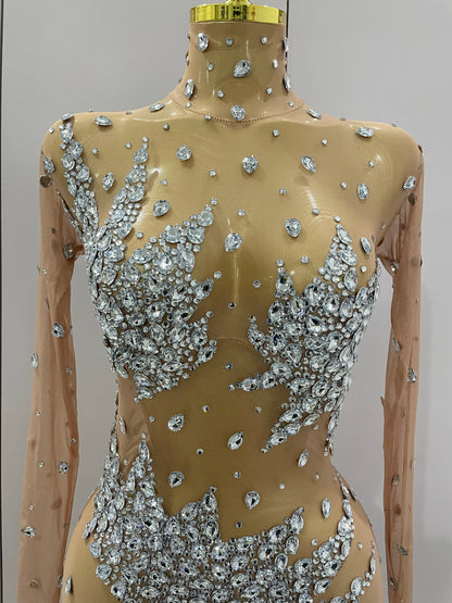 2026 Sparkly Diamonds High Stretch Mesh Jumpsuit Birthday Evening Party Bar Nightclub DJ Female Singer Stage Performance Costume