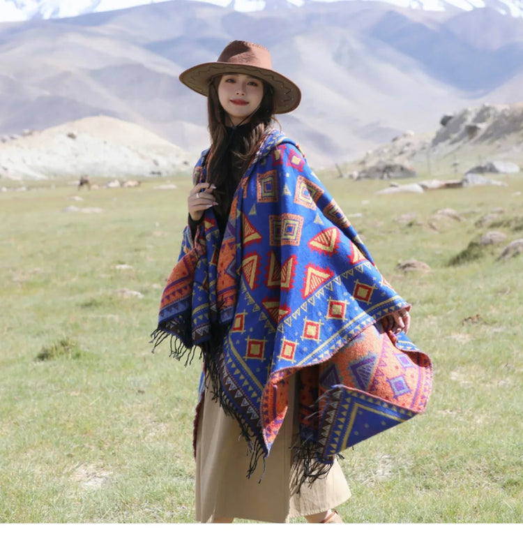 GypsyLady Bohemian Vintage Chic Cloaks Capes Hooded Blue Women Autumn Warm Knitted Ethnic Capes Tassels Cloak Poncho Outwear New