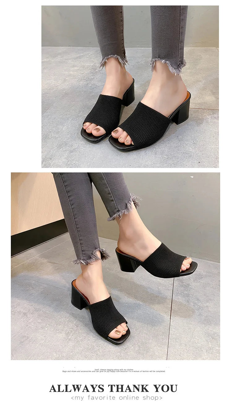 Women's Luxury Casual Soft High Heel Sandals Black Mules Summer Slippers Outdoor Shoes Open Toe