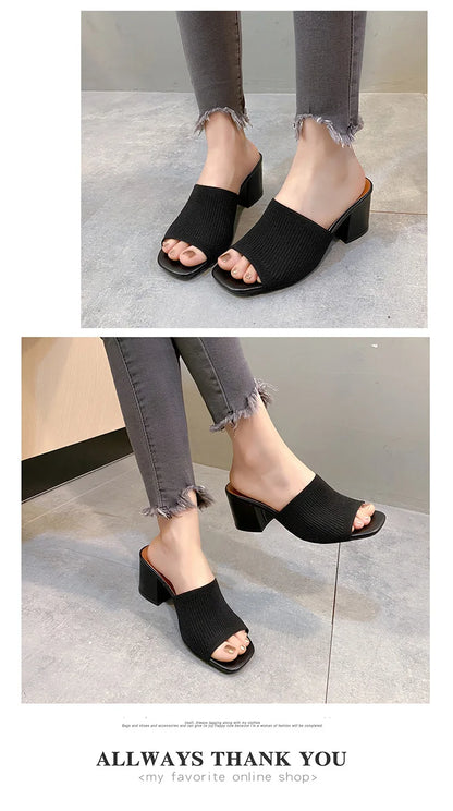 Women's Luxury Casual Soft High Heel Sandals Black Mules Summer Slippers Outdoor Shoes Open Toe