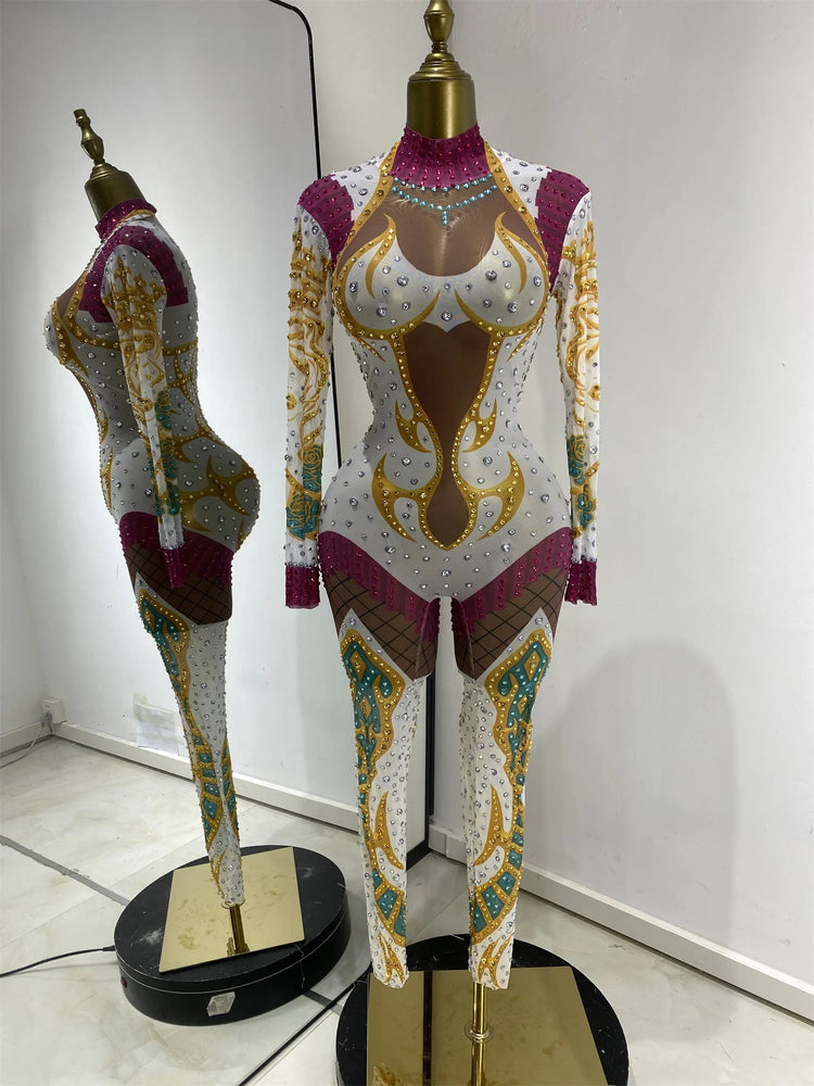 Performance Costumes Kpop Outfits Shiny Rhinestones Printed Bodycon Jumpsuits Woman Evening Club Party See Through Dress Outfits