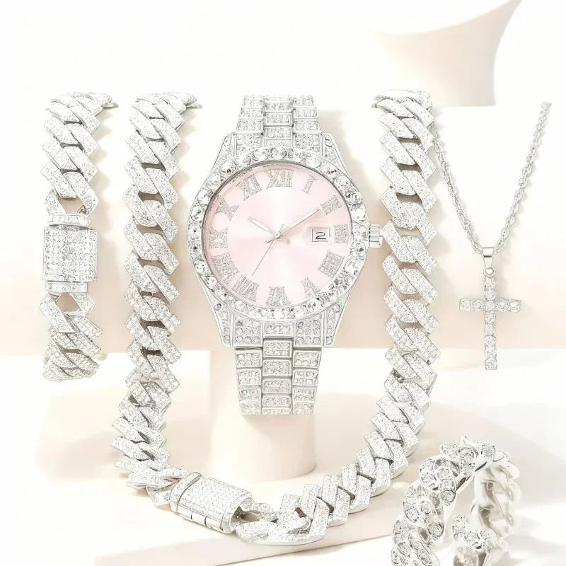 Men Pink Dial Iced Out Watch Jewelry Set Bling Rhinestone Watch Cuban Bracelet Cross Necklace Hip Hop Gift