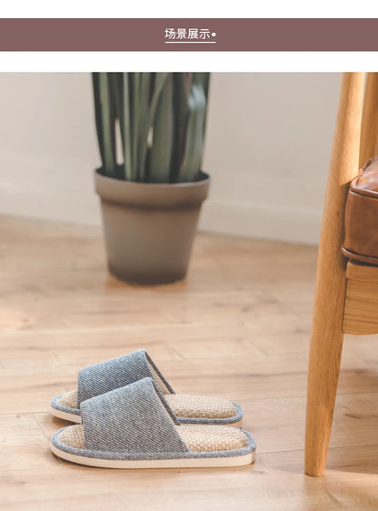UTUNE Natural Linen Women's Slippers Mute Comfortable Indoor Home Couple Shoes Soft Sole Anti-slip Couple Four Season Slides