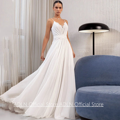 Summer Wedding Dress Customized Spaghetti Straps V Neck Pleat Lace Sweep Train A Line Chiffon Bridal Gown Beach Bride Dresses