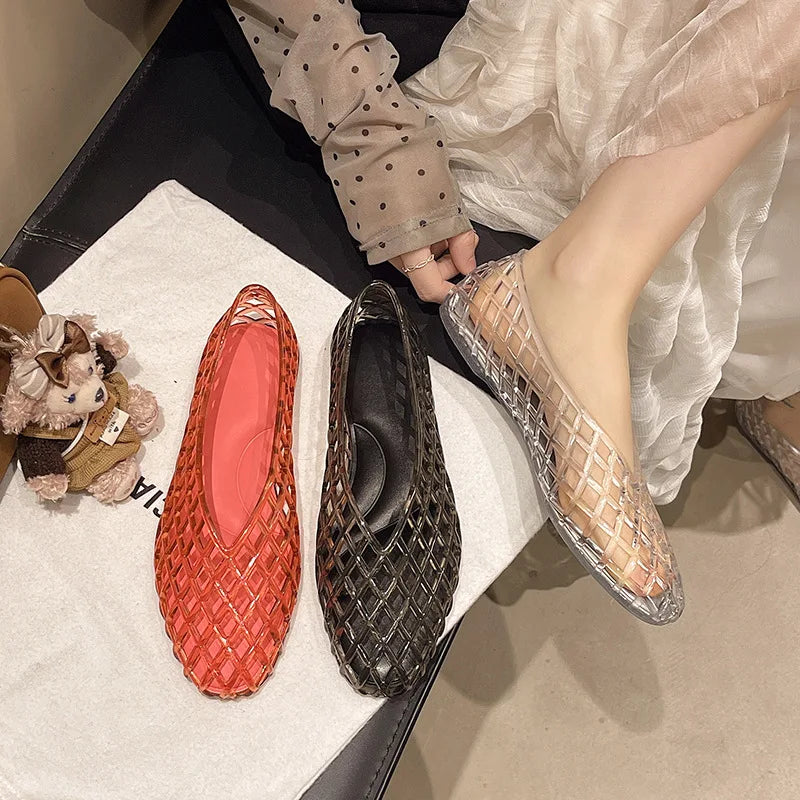 New V-mouth Crystal Jelly Shoes Fashionable, Versatile, Comfortable, Flat Bottom Single Shoes, Casual Sandals for Women
