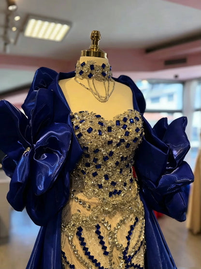 Luxury Royal Blue Evening Gown Rhinestones Beaded Wedding Guest Pageant Dress with Overskirt Phffy Shoulder Prom Gala Customized