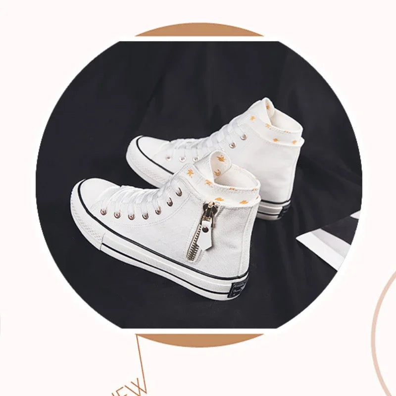 High-top Canvas Shoes for Women Fashion Casual Mid-Top Flat Women's Sneakers Designer Side Zipper Woman's Shoes Zapatos De Mujer