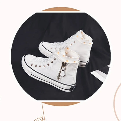 High-top Canvas Shoes for Women Fashion Casual Mid-Top Flat Women's Sneakers Designer Side Zipper Woman's Shoes Zapatos De Mujer