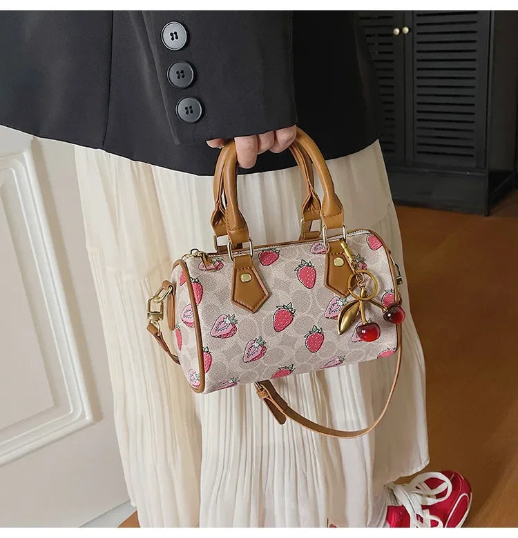 2026 Luxury Designers Crossbody Bags Cherry Pattern PU Leather Boston Handbag Shoulder Bags Bolsos Mujer Bags Woman Tote Bag