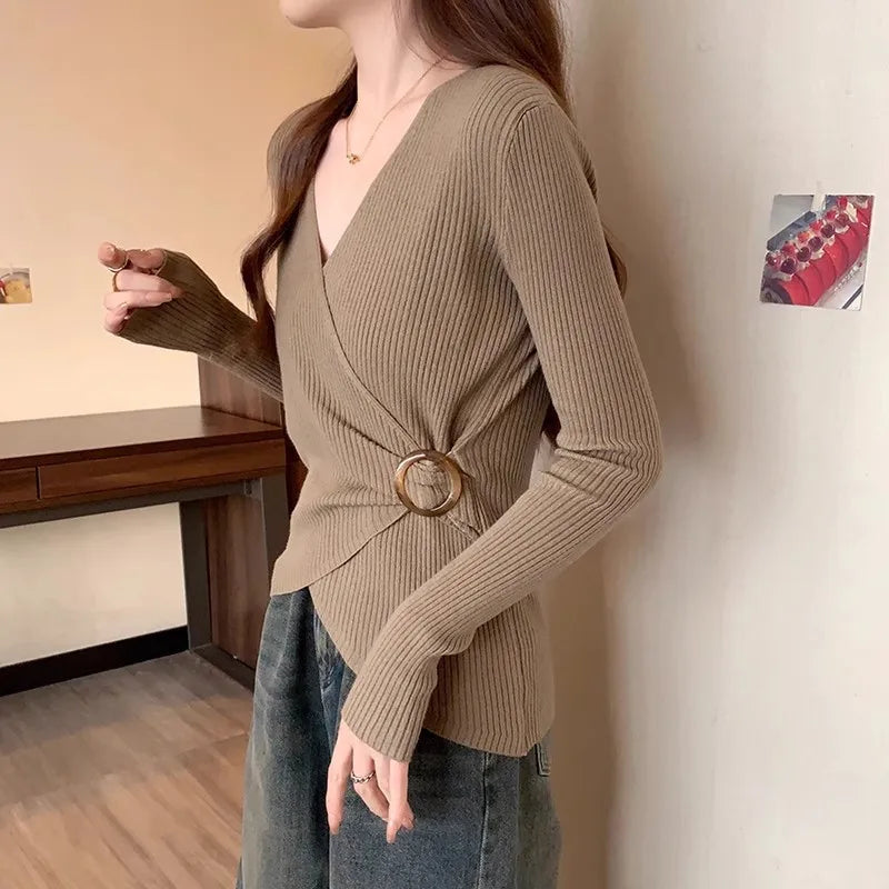 Women Wrap V Neck Ribbed Knit Top Metal Ring Buckle Flare Long Sleeve Slim Sweater