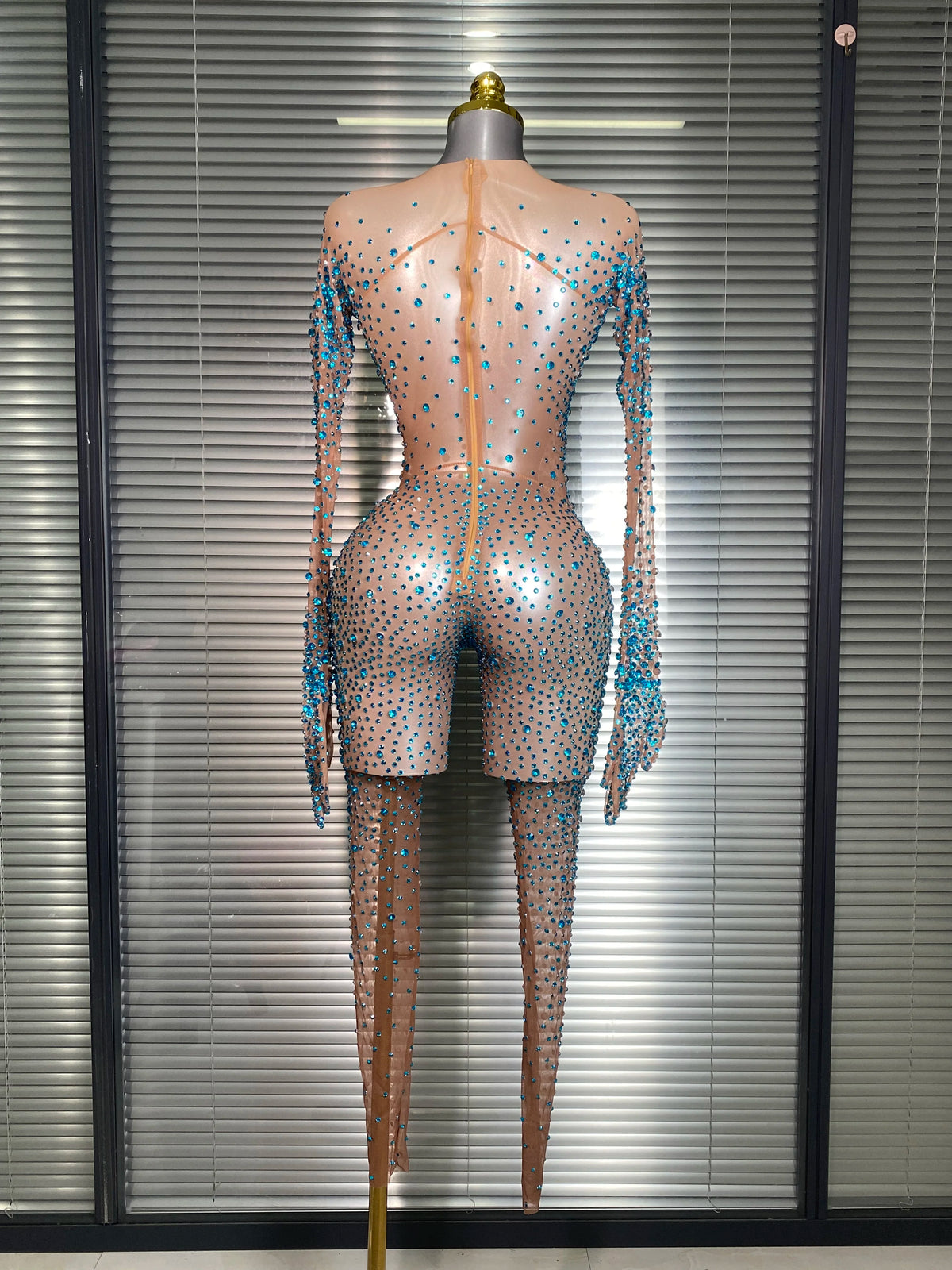 Women Sexy Crystal Sheer Blue Silver Skin Bodycon Jumpsuit Celebrity Designer Shinning Dancer Night Club Rompers Gloves
