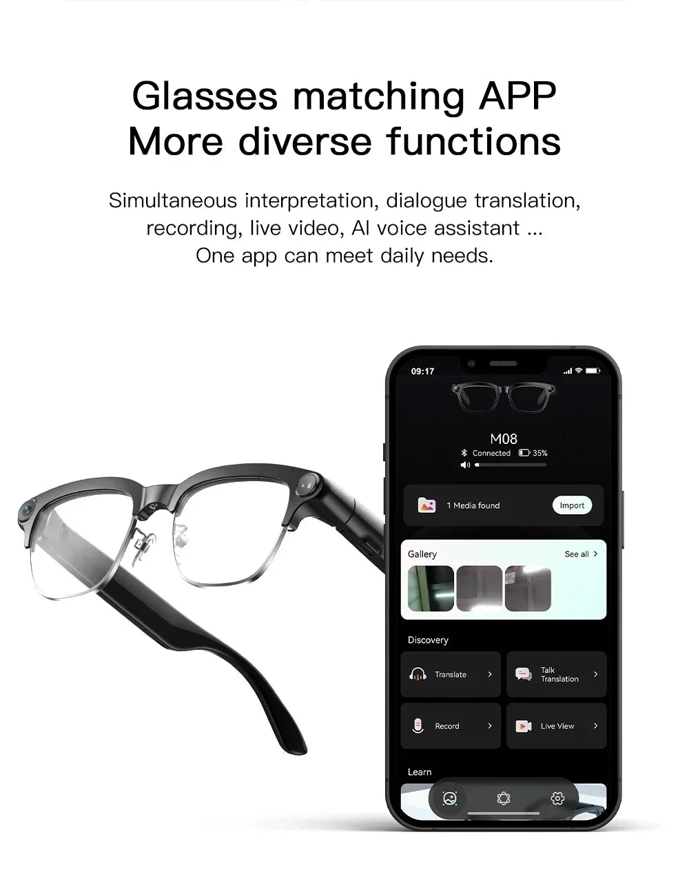 New Smart Glasses Take Photos and Videos Real-Time Translation Voice Assistant Translation 2GB Memory 800W Camera Smart Glasses
