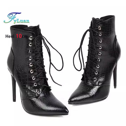 12CM Stiletto Heels Botas Mujer Fashion Pointed Lace-up Ankle Boots Roman Ladies Shoes Autumn Winter Women Emboss Short Booties