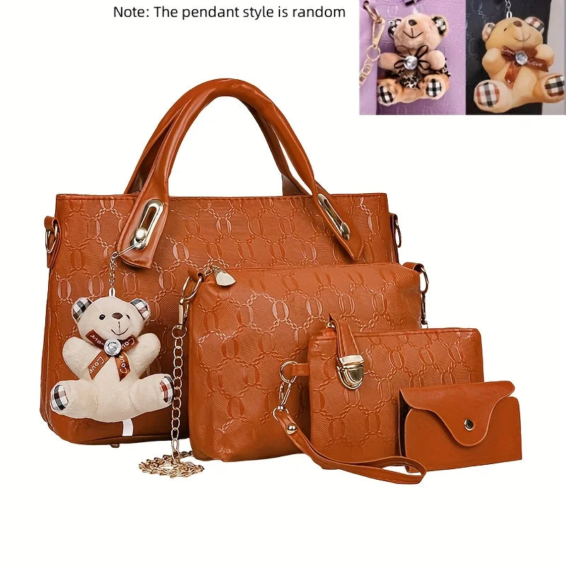 4 Pcs Women Handbag Set Embossed Pattern PU Leather Tote Bags Fashion Chain Shoulder Crossbody Bag Ladies Wallet Card Holder Purse With Bear Pendant Daily Shopping Handbags