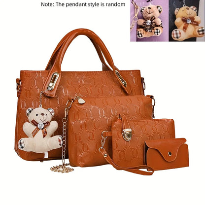 4 Pcs Women Handbag Set Embossed Pattern PU Leather Tote Bags Fashion Chain Shoulder Crossbody Bag Ladies Wallet Card Holder Purse With Bear Pendant Daily Shopping Handbags