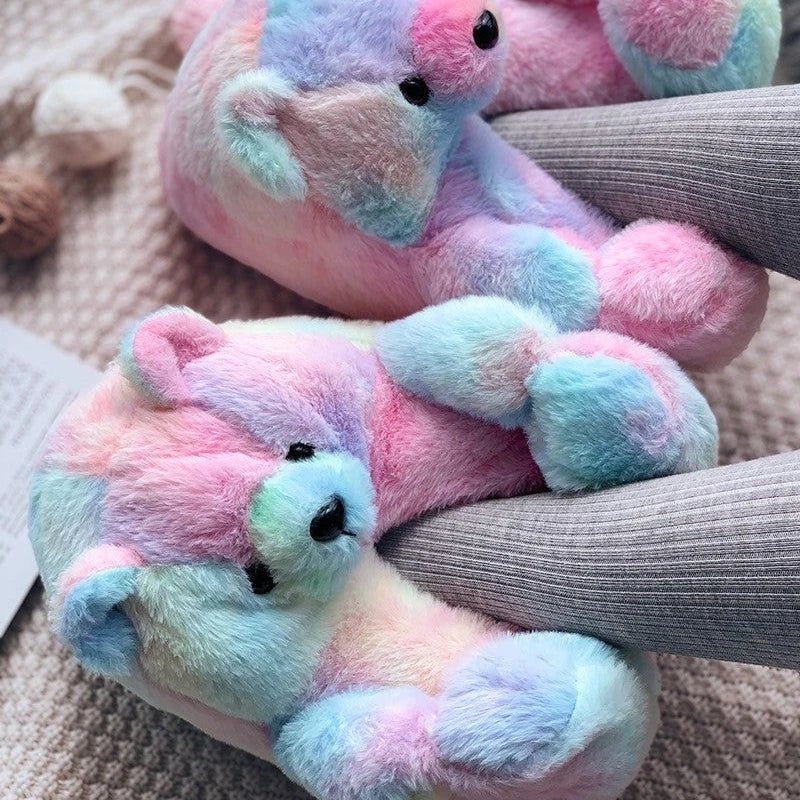 Cute Teddy Bear Plush Winter Slippers, Wrapped Heel Funny Indoor Floor Shoes, Women Gift, Warm Soft Cartoon Fluffy Animal Slippe