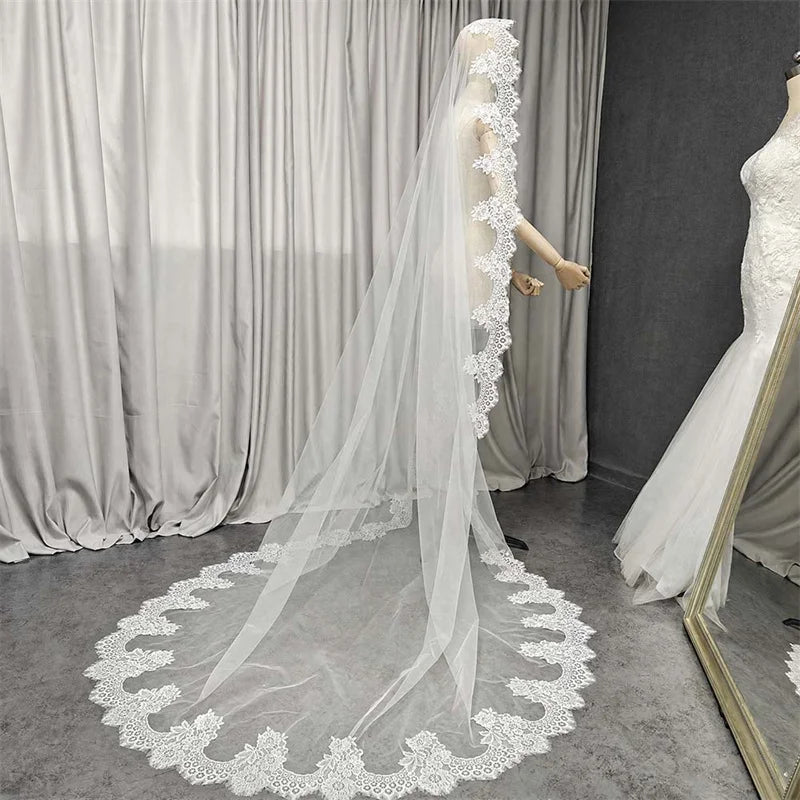 Customized Mantilla Wedding Veil with Eyelash Lace, 2.5m/3m/3.5m/4m Single Tier Long Ivory Bridal Veil with Hidden Comb