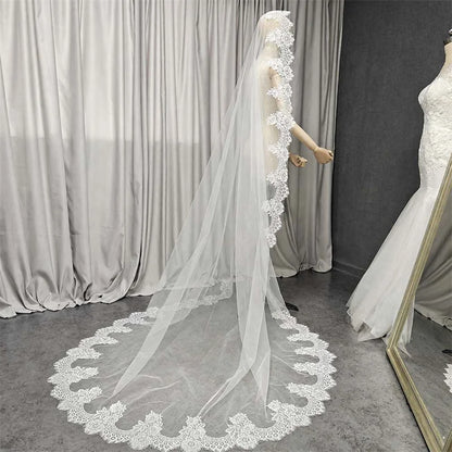 Customized Mantilla Wedding Veil with Eyelash Lace, 2.5m/3m/3.5m/4m Single Tier Long Ivory Bridal Veil with Hidden Comb