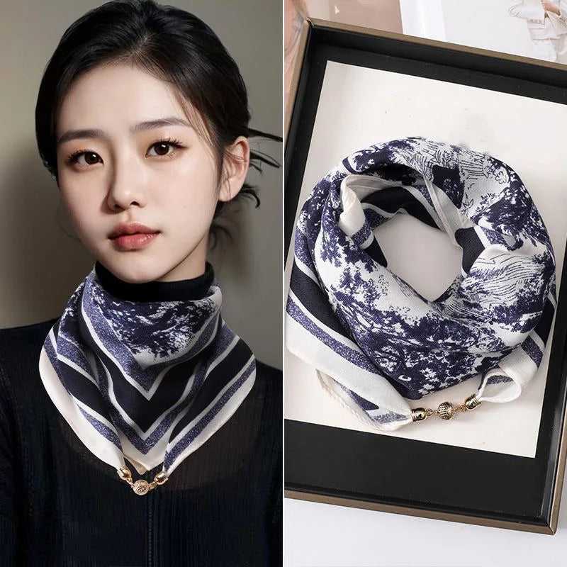 2026 new magnetic buckle silk scarf for women's small square scarf for autumn and winter warmth and cold resistance, fashionabl