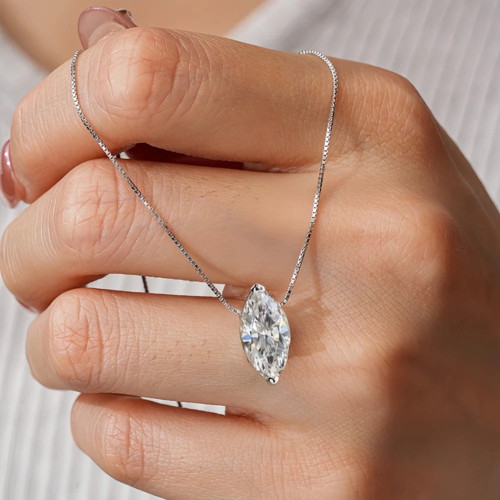 1-3CT Marquise Cut Moissanite/Zircon Necklace Box Chain Minimalist Diamond Pendant Women‘s’ S925 Sterling Silver Certificates