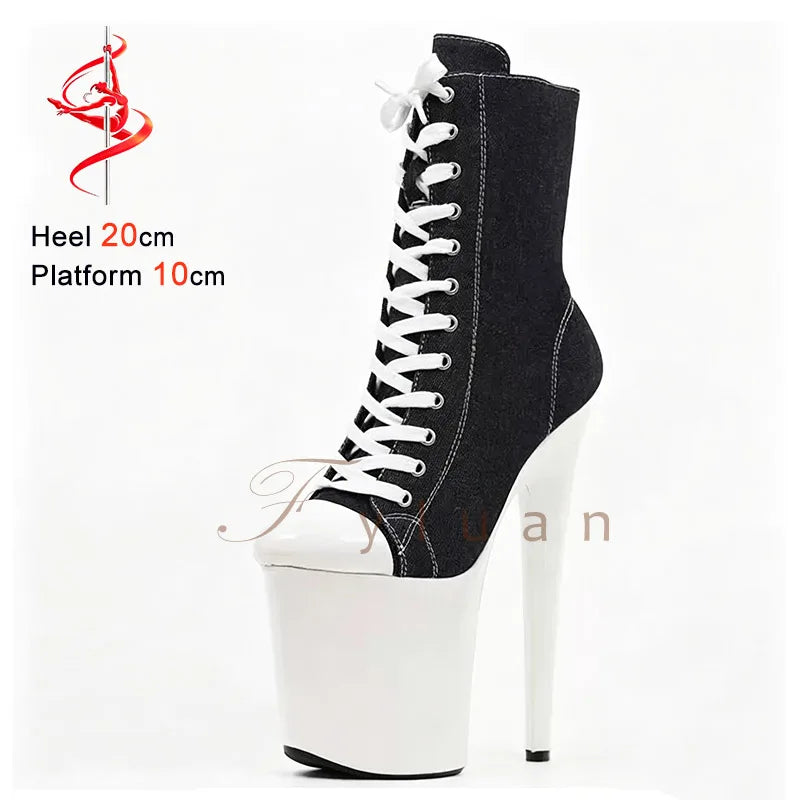 20CM/8Inch Extreme High Heel Platform Ankle Booties for Women Pole Dance Shoes Front Lace Up Black Denim Canvas Stiletto Boots