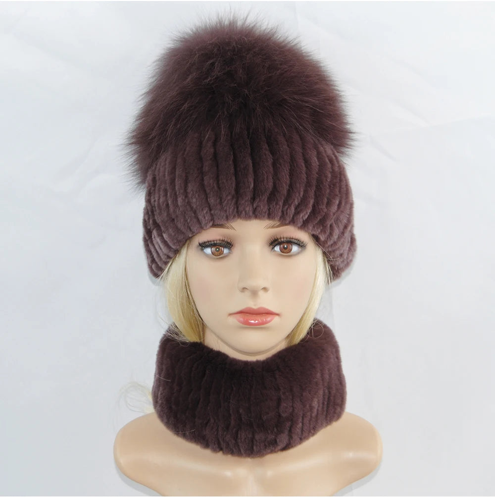 New Winter Lady Brand Hand Make Real Genuine Fox Fur Hat Scarf Girls Natural Real Rex Rabbit Fur Ring Cap Real Fur Scarves Hats