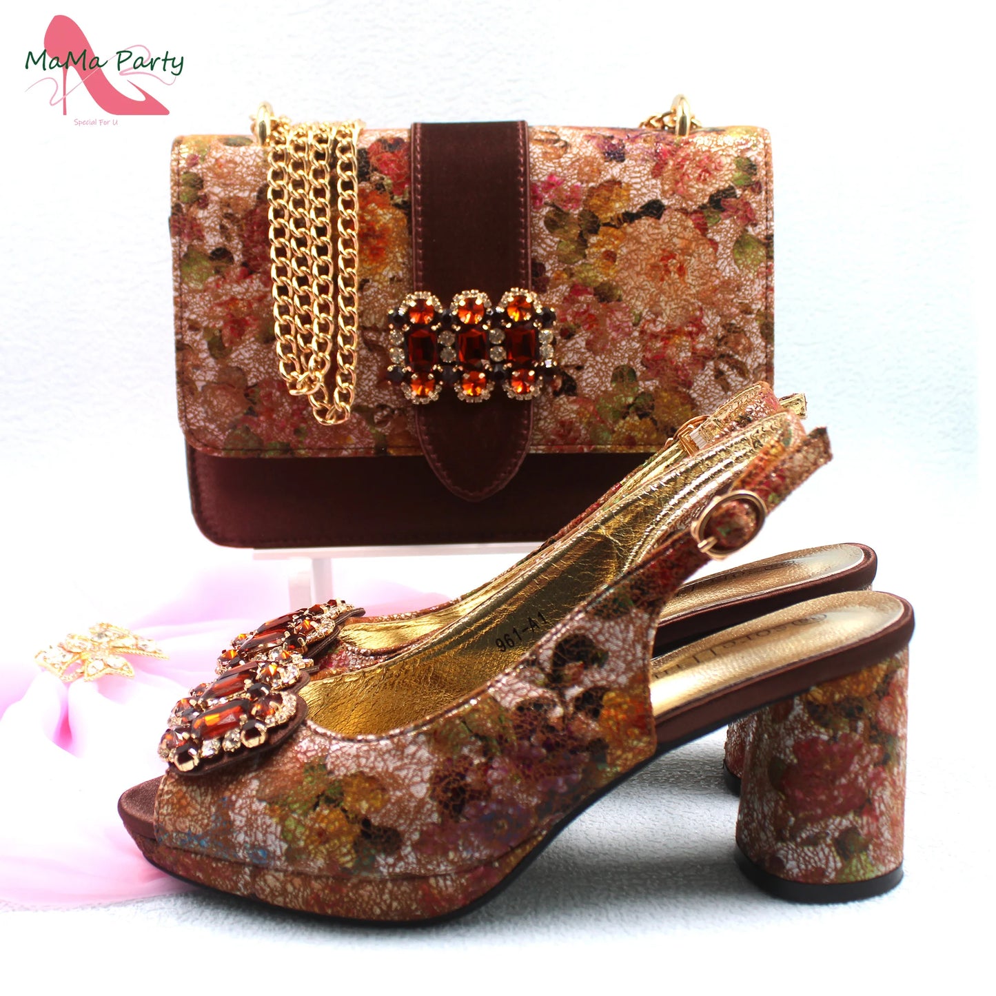 2024 Mature Style High Quality Comfortable Heels Italian Women Shoes and Bag Set with Shinning Crystal in Yellow Color