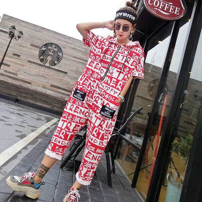 New Women Cartoon Graffiti Printing One Piece Overalls Mandarin Collar Short Sleeve Jumpsuit Hip Hop Design Rompers Baggy Pants