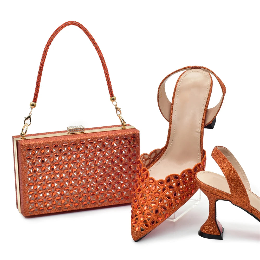 New Arrival Shoe and Bag Set Italian Design Nigeria Party Shoes and Bags for Women Rhinestone Luxury High Heels Woman Pumps