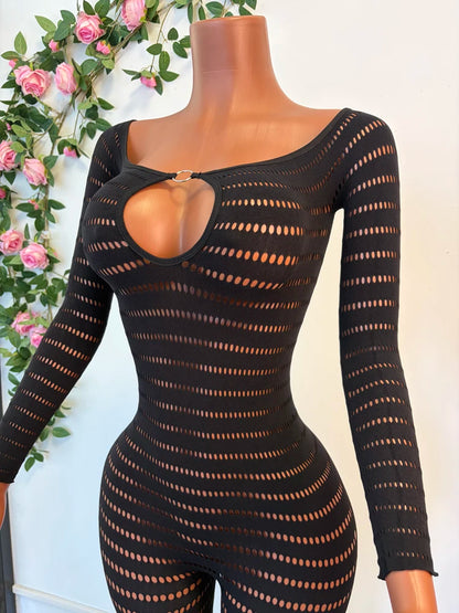 Sexy Knit See Through Bodycon Jumpsuits for Women 2026 New Summer Solid Color Hollow Out Rompers Night Party Club Playsuits