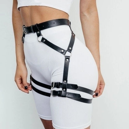 Women Steampunk Gothic PU Leather Body Harness with Suspenders & Thigh Garter Belt, Adjustable Accessory for Rave Festival