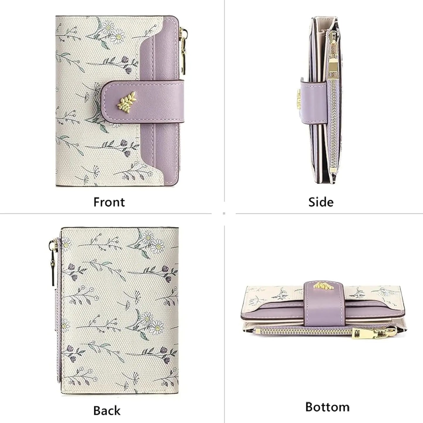 Small Wallets for Women Leather foldable Zipper Pocket Wallet Cute Flower Credit Card Holder Coin Purse with ID Window