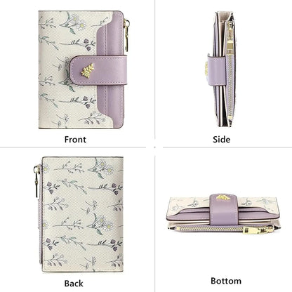Small Wallets for Women Leather foldable Zipper Pocket Wallet Cute Flower Credit Card Holder Coin Purse with ID Window