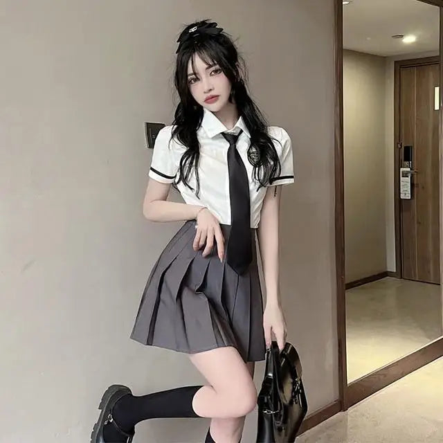 2025 improved daily jk uniform summer new white short/long sleeve shirt + pleated skirt jk uniform two-piece set for women w237