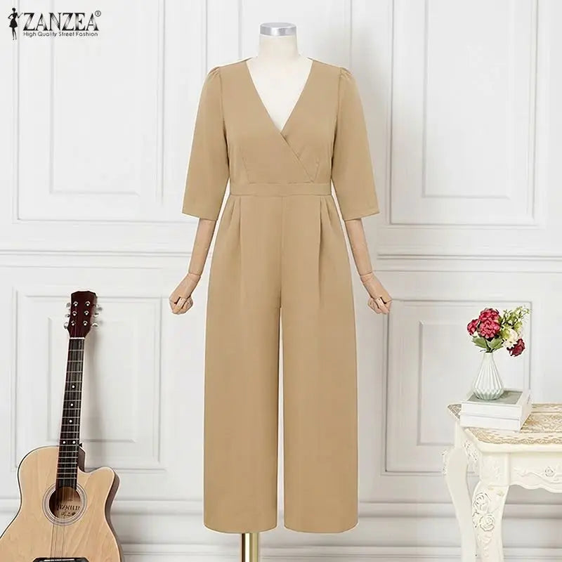 ZANZEA OL Work Party Women Jumpsuits Solid Color Summer 3/4 Sleeve Sevy V Neck Rompers Solid Playsuits Wide Leg Pants Streetwear