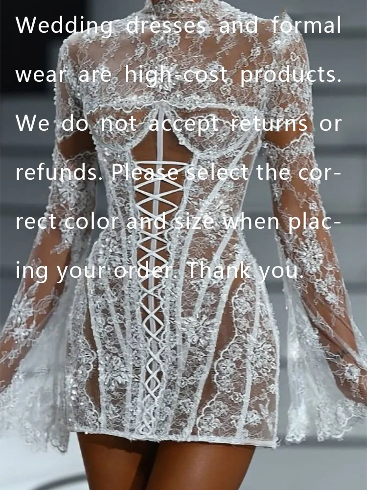 Sexy Lace High Collar Full Sleeve Corset Mini Bride Wedding Dresses Bridal Gowns Customized