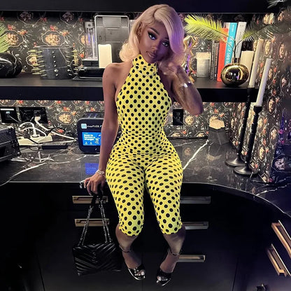 FAGADOER Fashion Color Dot Printing Bodycon Jumpsuits Woman Halter Sleeveless Backless Rompers Female Streetwear Overalls 2026