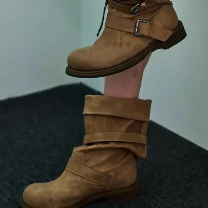 Retro Weathered Knight Boots Belt Bule Chunky Heel Mid-Calf Women's Boots Cowhide Leather Slimming Booties for All-Season Wear