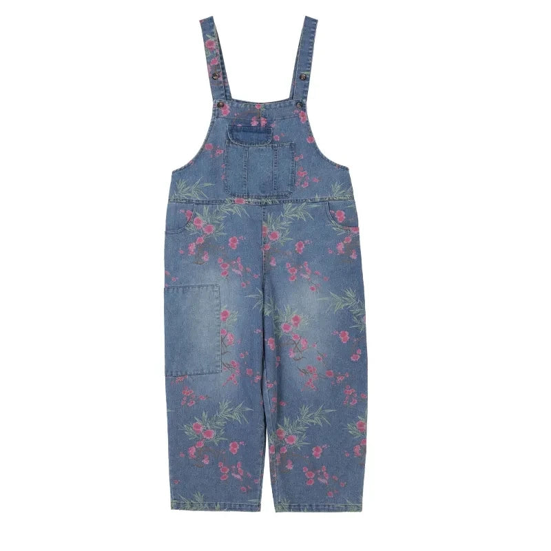 Vintage Denim Overalls Spring Summer Loose Jumpsuits Oversized Artistic Casual age Reducing Printed Casual Harem Pants Female