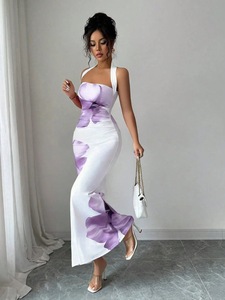 Women's 2026 New Popular Neck Halter Long Dress Hip-wrapped Printed Dress White Dress Birthday Dress for Women Summer Dress