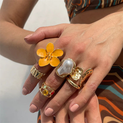 8Pcs/Set Vintage Pink Metal Flower Ring Set for Women Punk Elegant Baroque Pearl Knuckle Joint Ring Party Daily Wear Jewelry