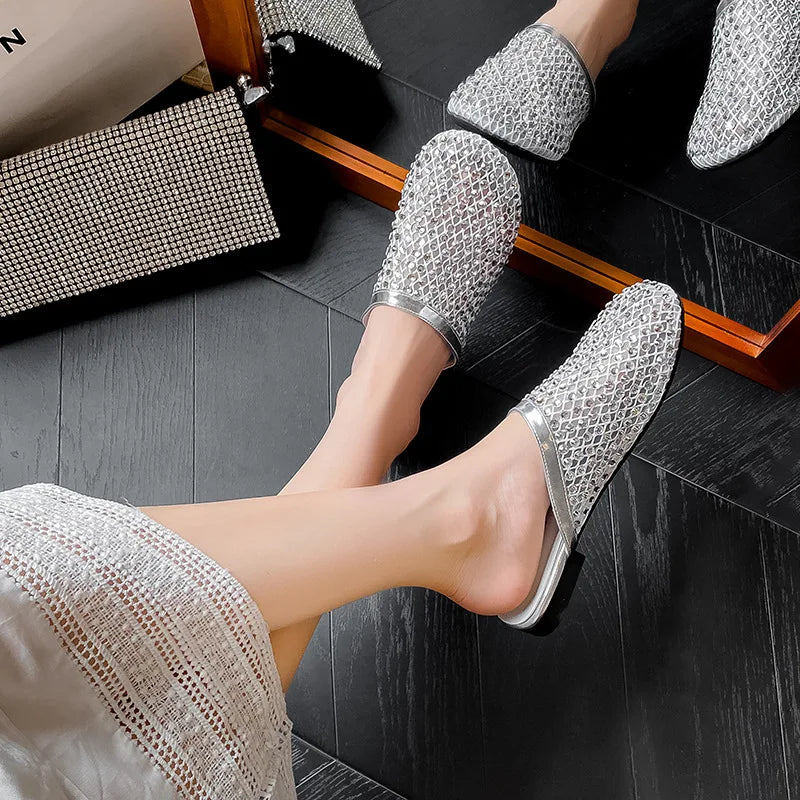 Summer Shoes for Women Slippers Luxury Rhinestone Rivets Casual Sandals Mesh Slip-on Loafers