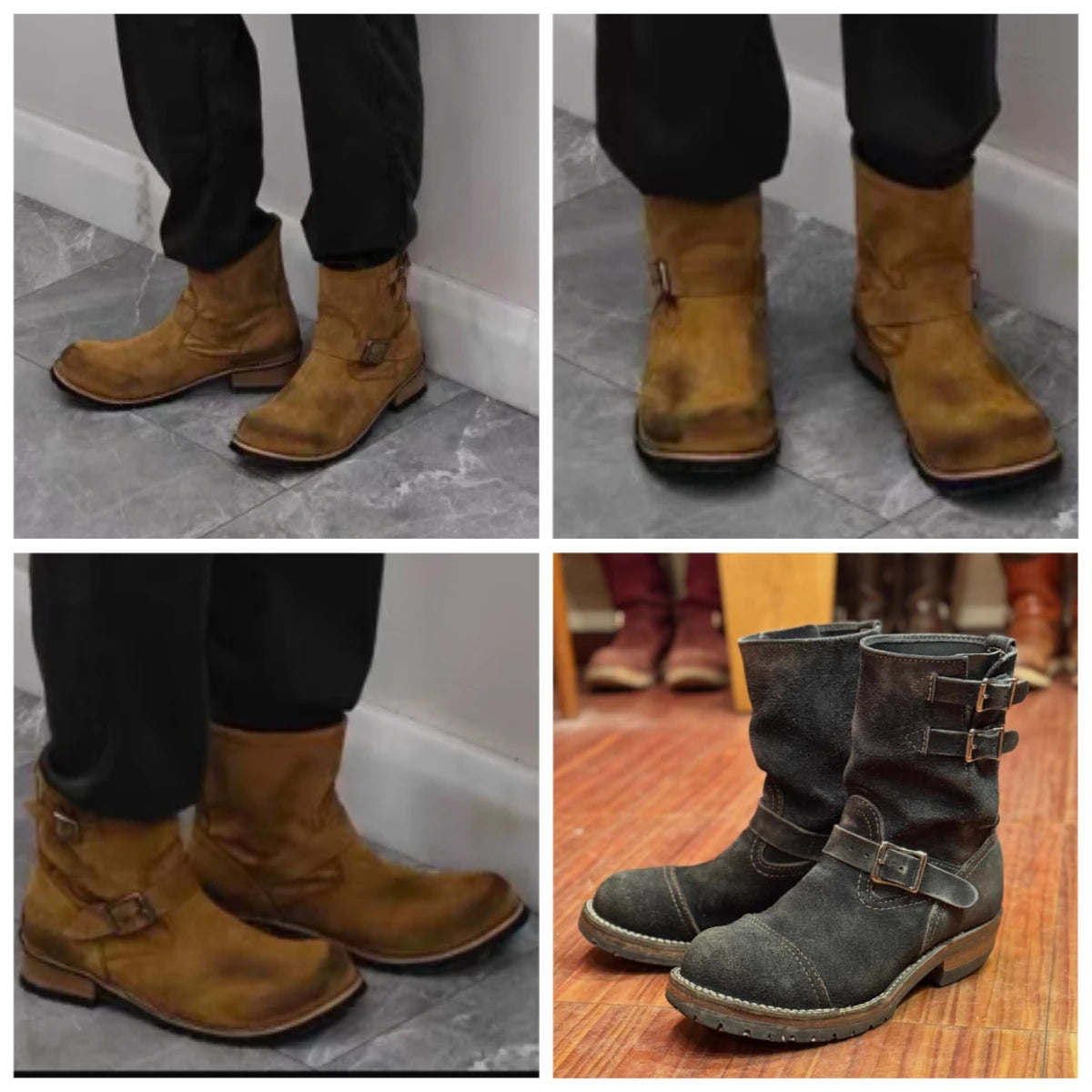 distressed Handmade Khaki Suede Work Boots Men's And Women's Engineer ort Boots American Retro Motorcycle Faded Mid-Calf shoes