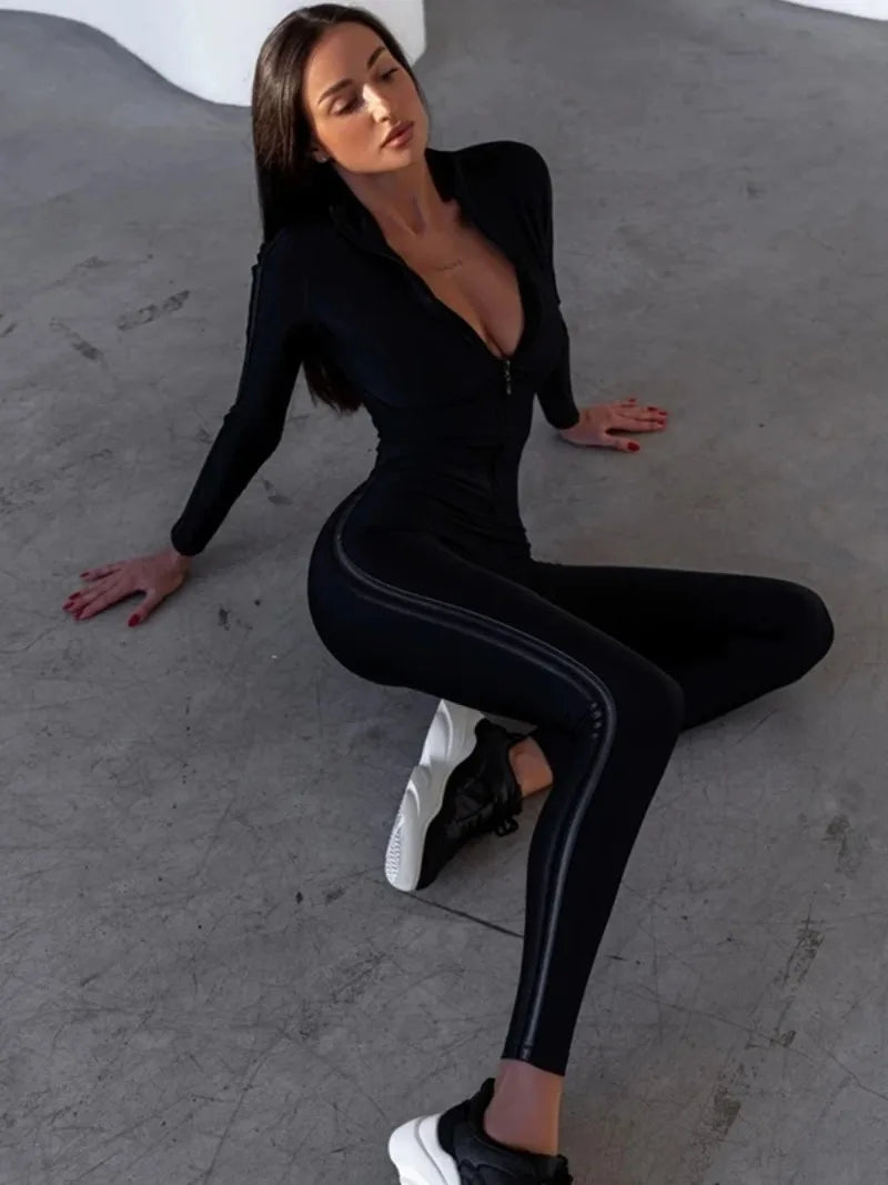 Krisnanas Woman's Clothes Black Jumpsuits Long Sleeve Side Patchwork Striped Zipper Collar Skinny Sporty Yoga Jumpsuit 106346