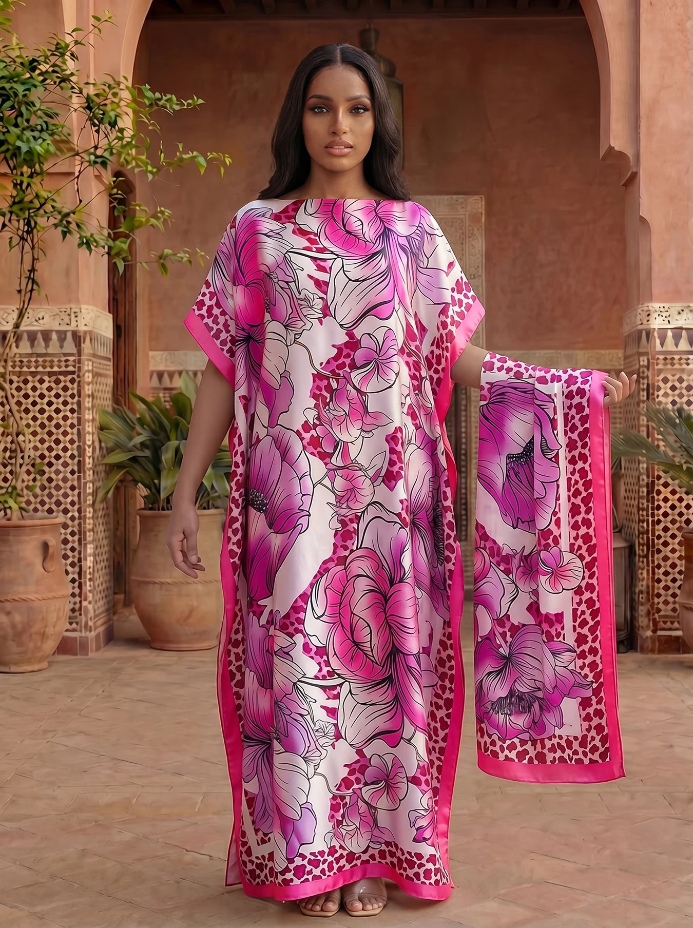 Leopard Border Big Floral Print Satin Abaya With Scarf, Loose Maxi Kaftan For Muslim Women Summer Beach Wear