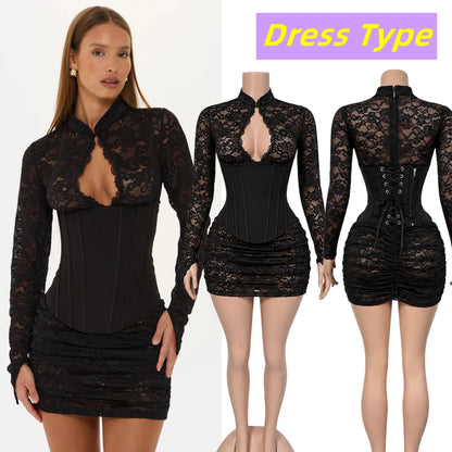 FAGADOER Sexy Lace See Through Corset Jumpsuit Women Hollowed-out Long Sleeve Bodycon Capri Pants Clubwear Night Party Outfit