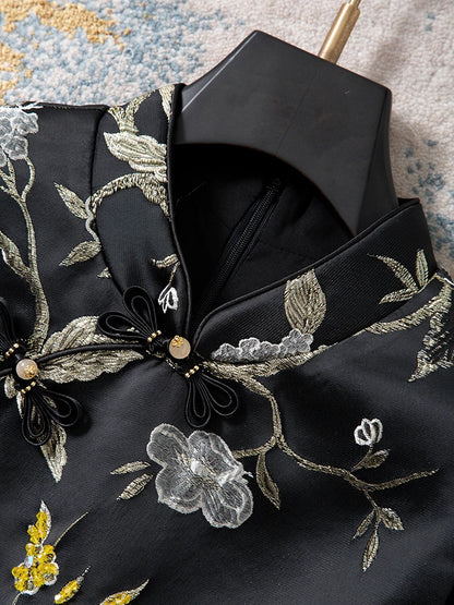 Elegant Black Stand Collar Frog Button Qipao Bird Beaded Jacquard Sleeveless Tank Dress for Women Autumn Party Vintage Chic Gown
