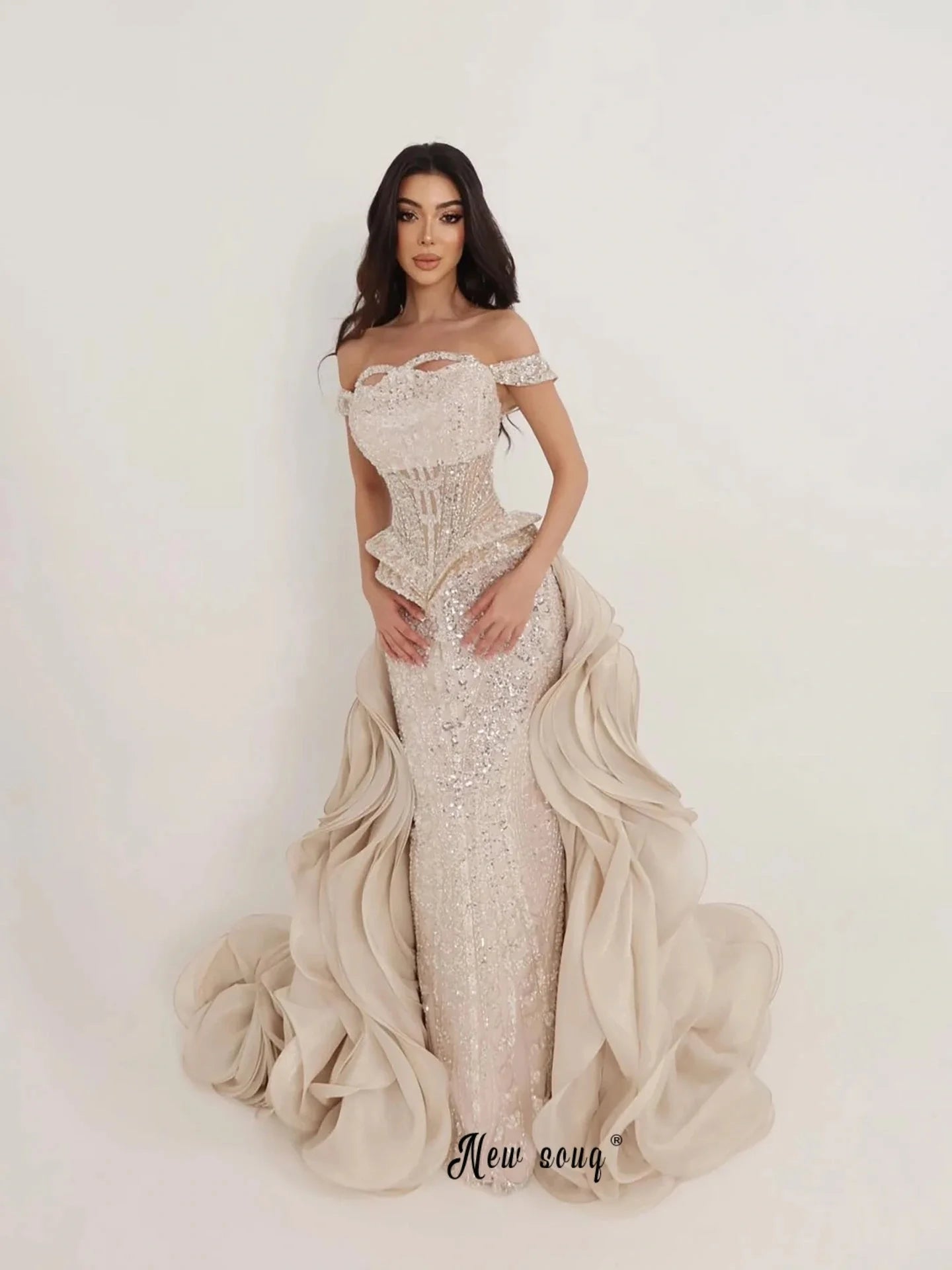 Detachable Train Beige Prom Dresses Off Shoulder Beading Wedding Guest Gown Customized for Bride vestido madrinha casamento