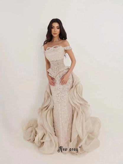 Detachable Train Beige Prom Dresses Off Shoulder Beading Wedding Guest Gown Customized for Bride vestido madrinha casamento